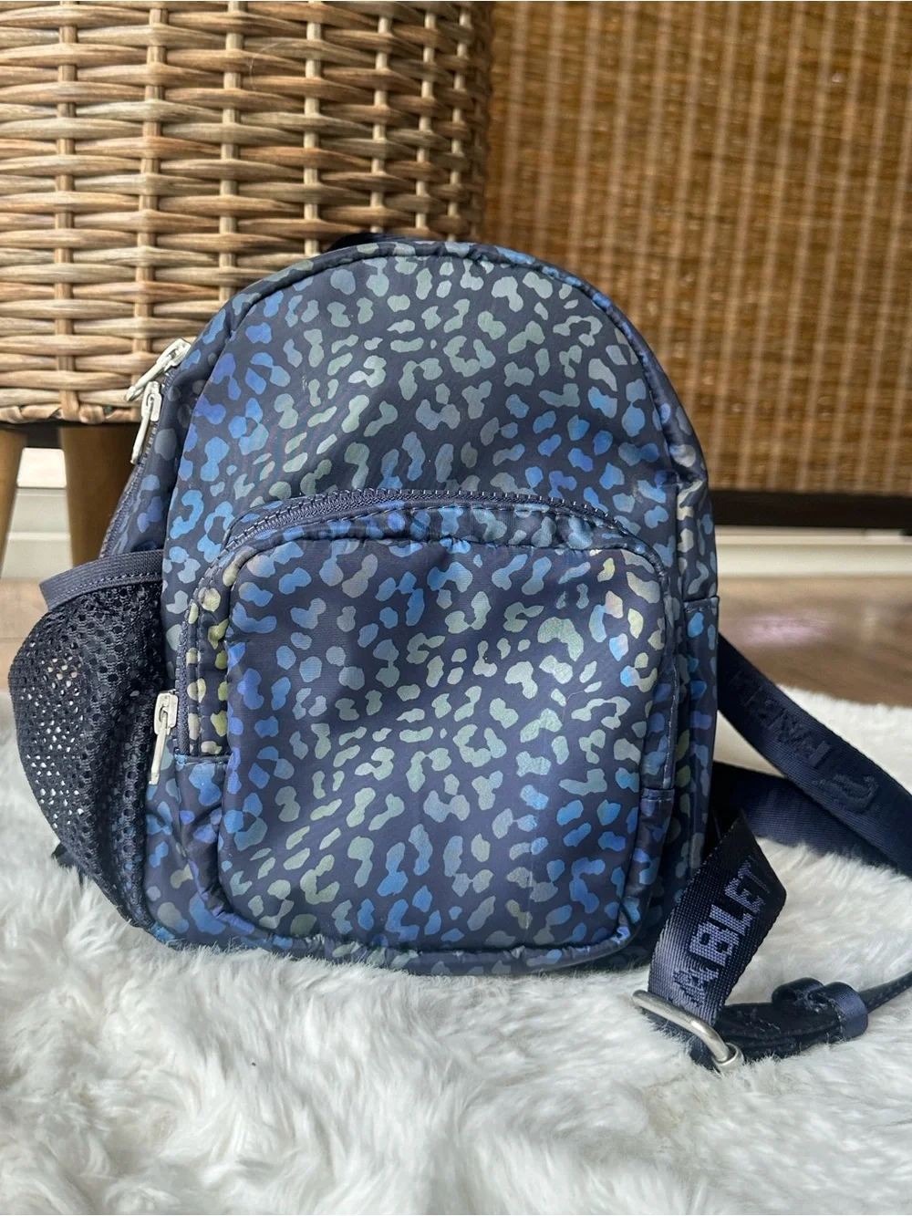 Fabletics Navy Blue Cheetah Print Mini Backpack sling Convertible purse